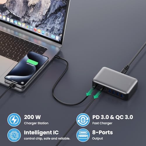 Powerful 200 W Ga N III USB C Multi-Device Charging Hub – 8-Port Rapid Charger for Mac Book Pro/Air, DELL, i Phone 16/15/14, Galaxy S23/22 – PD 65 W Laptop Adapter for Effortless Portability and Enhanced Connectivity Solutions