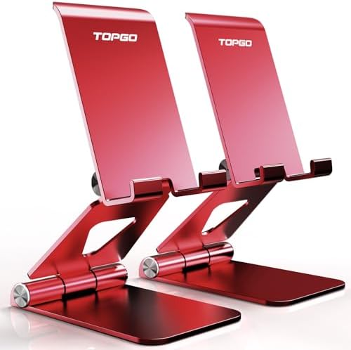 TOPGO 2 Pack Adjustable Metal Desk Phone Stand – Versatile Dual Folding Cell Phone Holder for i Phone 16, 15, 14, 13, 12, 11 Pro Max – Portable, Stylish Red Design for Home & Office – Optimal Viewing Comfort with Non-Slip Base