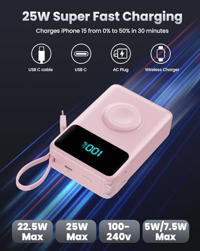 Versatile 4-in-1 Travel Charger with Integrated Wall Plug & USB-C Cables – 10800 m Ah Power Bank Featuring Magnetic Apple Watch Charging, QC4.0 & PD 25 W Fast Charging – Compact Solution for i Phone 16/15, Android Devices & More – Enhanced Portability & Smart Safety Features for On-the-Go Power
