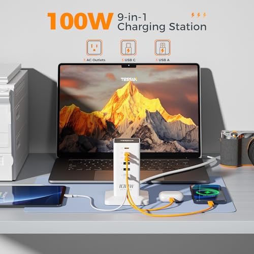 TESSAN 9-in-1 Powerful USB Charging Station – PD 65 W Multi-Device Charger Block for i Phone 15/16, Mac Book & Tablet – Fast, Efficient Power Delivery with 3 AC Outlets – Compact Travel & Home Office Accessory – Enhanced Compatibility & Safety Features