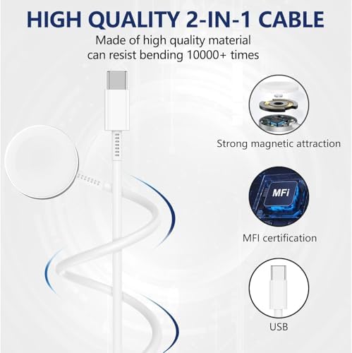 Premium 5 W Fast Charging USB C Cable for Apple Watch – 6 ft Magnetic Charger, MFi Certified, Compatible with Series SE2/8/7 & All Sizes 38 mm to 45 mm – Reliable & Efficient Power Solution for On-the-Go Users
