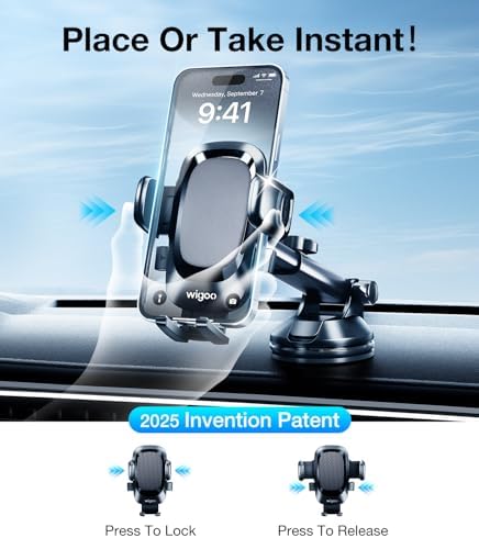 Wigoo Pioneer 3-in-1 Car Phone Holder Mount – 2024 Upgrade for Ultimate Universal Smartphone Compatibility | Secure Dashboard, Windshield & Air Vent Stand for i Phone 16, 15, 14, 13, 12 & All Mobile Devices | Enhanced Fiber Grip for Safe Hands-Free Navigation & Calls