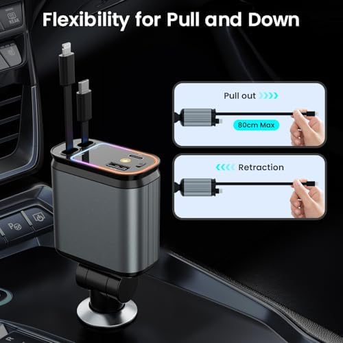 Innovative 66 W Retractable Car Charger Adapter with Ambient Starlight – 4-in-1 Fast Charging USB C Hub for i Phone 16/15/14/13/12/11, Galaxy, and Pixel Devices – Dual Retractable Cables for Effortless Multi-Device Charging and Clutter-Free Travel