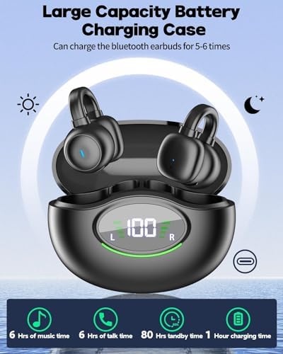 Premium Bluetooth 5.3 Clip-On Wireless Earbuds – Noise Cancelling Waterproof Headphones with 80-Hour Battery Life, 4 HD Mics for Crystal-Clear Calls, Perfect for Sports, Travel, and Office Use – Exceptional Comfort & Sound Quality for Android & i OS (Black)