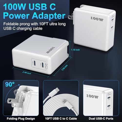 Ultra-Fast 100 W Dual-Port USB-C Charger for Mac Book Pro/Air & USB-C Devices – Includes 10 FT C to C Cable for Maximum Convenience – Unmatched Compatibility with i Phone & Samsung Galaxy – Optimal Safety with Advanced Protection Features – Perfect for M1/M2/M3 Chip Performance – 18-Month Hassle-Free Warranty for Peace of Mind