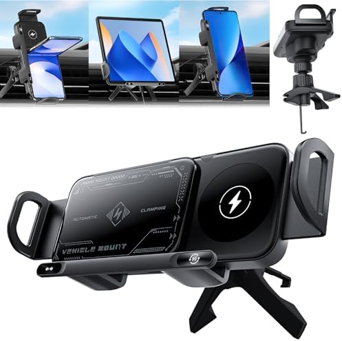 Omaky Smart 2-in-1 Auto Rotating Phone Holder & Fast Car Charger – Versatile Wireless Charging for Mobile Phones & Foldable Devices in Sleek Black Finish – Optimal Viewing Angles for Navigation and Hands-Free Calling – Durable Design for Enhanced Compatibility and Effortless Connectivity