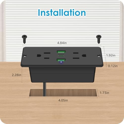 Transform Your Space with HHSOET 5-in-1 Recessed Power Strip – Flat Plug Design Featuring 20 W Fast Charging, 2 AC Outlets, 3 USB Ports (Including USB-C), and 6 ft Power Cord for Effortless Connectivity in Home Offices and Conference Rooms – Elevate Your Charging Efficiency and Aesthetic Appeal