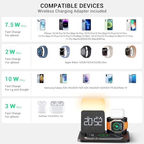 Ultimate 7-in-1 Wireless Charging Station: Multifunctional Dock with Alarm Clock & Night Light for i Phone 12-16 Pro Max & Apple Watch – Enhanced Compatibility & Rapid Charging for Air Pods and More