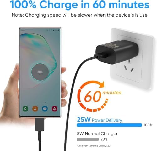 Rapid 25 W USB-C Wall Charger for Samsung Galaxy Devices – High-Speed Type-C Power Adapter with 6.6 ft Extended Charging Cable for Ultimate Flexibility and Device Compatibility – Ideal for S24 Series, S23 Ultra, S22, S21, S20, and Note Lineup