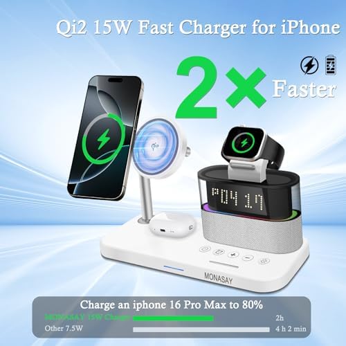MONASAY Qi2 5-in-1 Wireless Charging Hub with Alarm Clock – 23 W Fast Charger for i Phone 16/15/14/13/12, Air Pods, and Apple Watch – Magnetic Stand for Optimal Device Alignment – Sleek Black Design for Home and Office Use – Ultimate Convenience and Speed in One Charging Solution