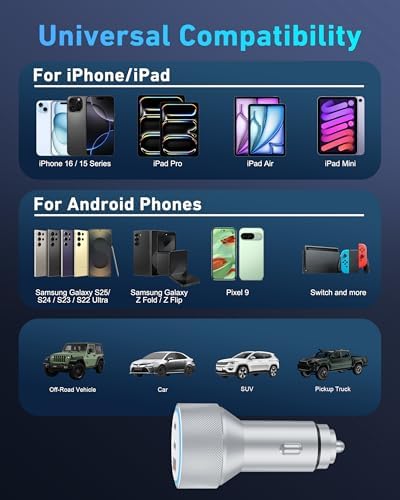 67 W 3-Port USB-C Car Charger for i Phone 15/16 Pro Max – Rapid Charging with Included 3 FT USB-C Cable for i Pad, Air, Pro & Mini – Universal Cigarette Lighter Adapter for On-the-Go Convenience and Enhanced Device Compatibility