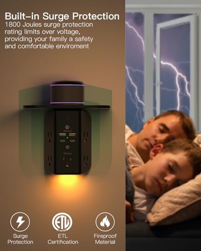 Revolutionary Wall Outlet Extender with Integrated Shelf & Adjustable Night Light – 5 USB Ports Including Rapid USB-C Charging, Surge Protection, and Compact Design for Enhanced Organization and Efficiency