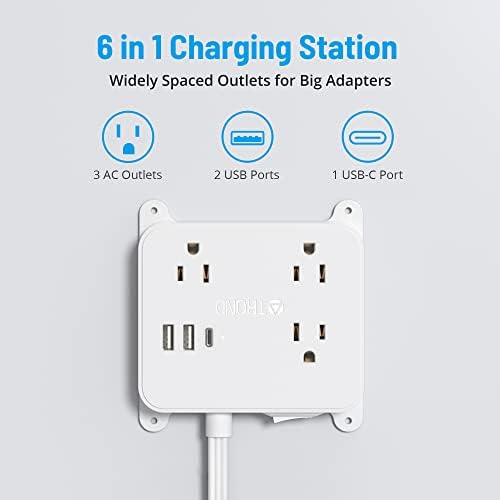 TROND Ultra Thin Flat Extension Cord with 3 USB Ports and 3 AC Outlets – Sleek Wall-Mount Power Strip for Smart Charging in Small Spaces – Perfect for Home, Dorms, and Workstations – Compact Surge Protector for Modern Electronics