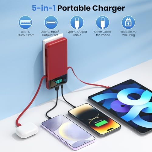 Ultimate 13800 m Ah Portable Power Bank with Built-In Cables & Wall Plug – Fast Charging Solution for i Phone 16/15/14, Galaxy & Android Devices – Travel-Ready Battery Pack with 4 Outputs for Multi-Device Charging – Compact, Lightweight & Durable Design for On-the-Go Power