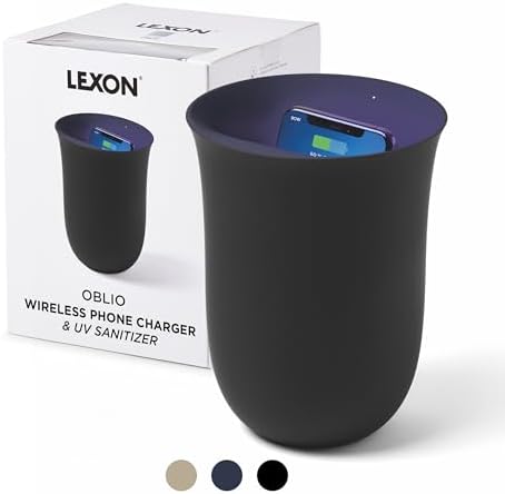 Lexon OBLIO QI Wireless Charger & UV Sanitizer Station – Fast 10 W Charging & Germ-Free Protection in Stylish Dark Blue Design for Enhanced Device Care and Efficient Power Management