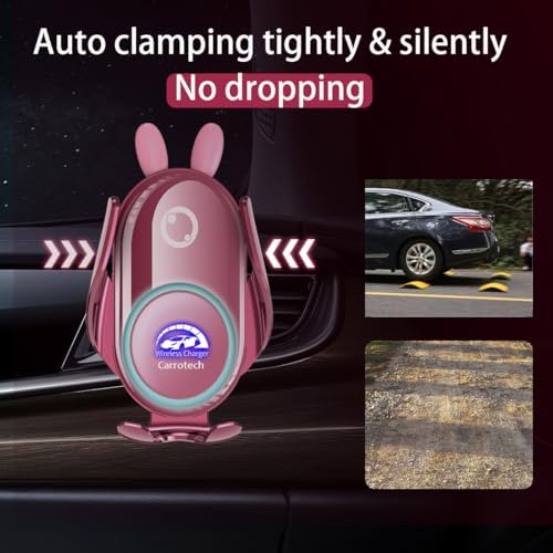 Charming Pink Rabbit Wireless Car Charger Mount – Effortless Auto-Clamping Phone Holder for i Phone 15, 14, 13, 12 & Samsung S24, S23, S22 – Whimsical Air Vent Accessory with Rapid Charging and Universal Fit Features