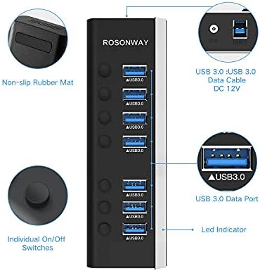 Elevate Your Connectivity with the Rosonway 7-Port Powered USB Hub – Ultra-Fast 10 Gbps Data Transfer, Dual USB-C 3.2 & Four USB 3.0 Ports, Individual Switches for Custom Control, Sleek Aluminum Design, Perfect for Laptops and PCs – RSH-A107 C, Maximize Productivity Effortlessly