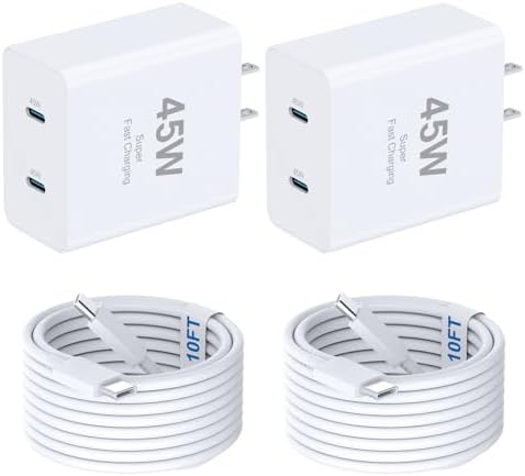 45 W Dual USB-C Fast Charger with 10 FT Cable for i Phone 16 & Galaxy S25 – Rapid Charging Solution for i Pad Pro/Air, Compact & Portable Power Block, Enhanced Device Compatibility