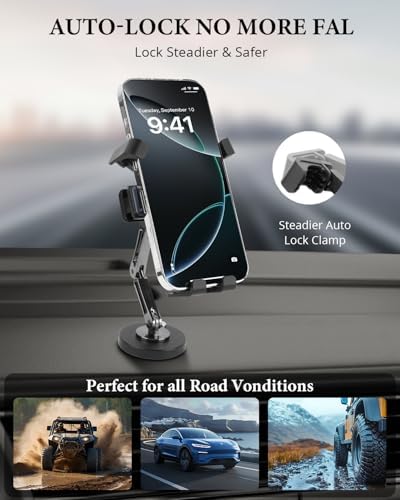 Revolutionary Gravity Lock Dual Arm Car Phone Mount – 360° Adjustable Smartphone Holder for Dashboard, Windshield & Seat | Universal Fit for 4.7-7.2″ Devices with Enhanced Silicone Grip for Superior Stability and Protection