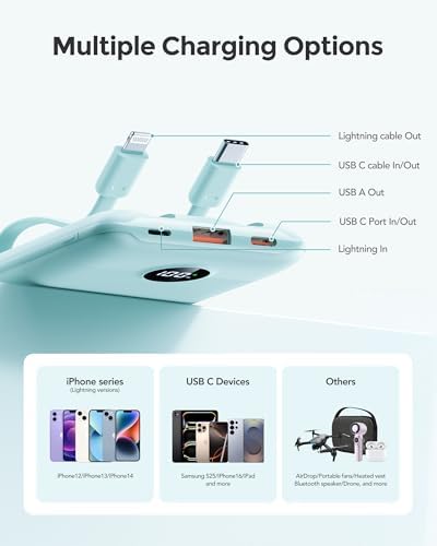 Ultra-Slim 10,000 m Ah Mini Power Bank with Built-in Cables – 22.5 W Fast Charging USB-C Battery Pack for i Phone 16/15/14 and Samsung Galaxy 24/23 – Essential Travel Charger for On-the-Go Power Needs