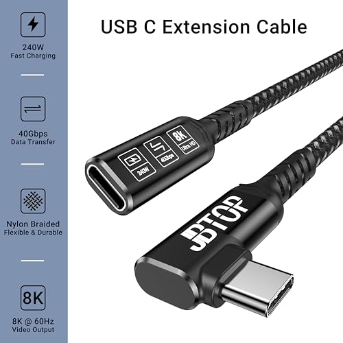 Innovative L-Shaped USB C Extension Cable (2 Pack, 6.6 Ft) – 240 W Power Delivery, 40 Gbps High-Speed Data Transfer, Durable Nylon Braided Design for i Phone 16, i Pad, Mac Book & Mag Safe – Optimal Flexibility for Tightly Spaced Connections