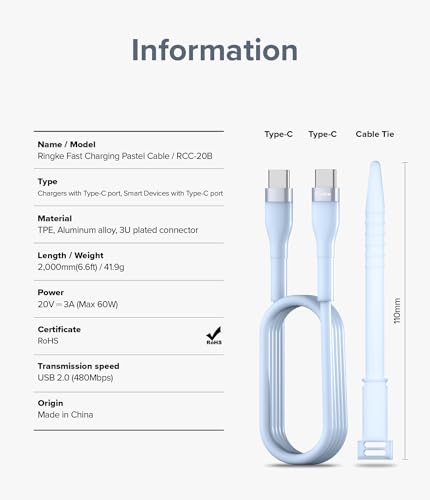 Ringke 6.6 FT USB C to USB C Pastel Charging Cable – Fast Charging Cord for i Phone 16/15, Galaxy, Pixel, Laptops & Tablets – Sleek Design for Enhanced Connectivity and Durability – Perfect for Carplay and On-the-Go Use