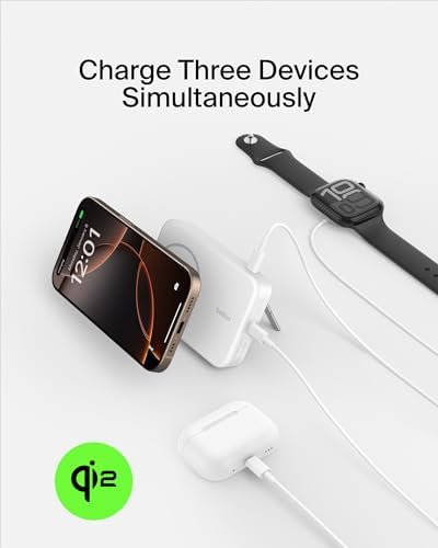 Belkin 5000 m Ah Wireless Power Bank with Qi2 Technology – Mag Safe-Compatible Portable Charger Featuring Built-in Kickstand for i Phone 16, 15, 14, 13, Plus, Pro, Pro Max – Sleek White Design for Seamless Charging on the Go – Optimal Speed & Versatile Compatibility