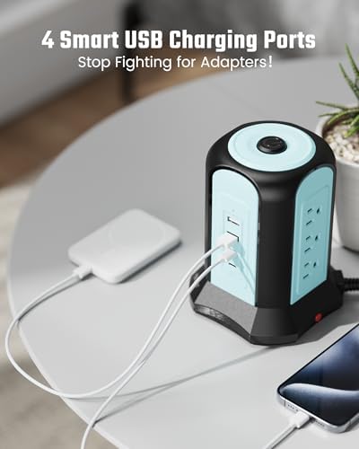 Maximize Your Charging Efficiency with the SUPERDANNY Power Strip Tower Surge Protector – 9 Outlets & 4 USB Ports, 10 Ft Extension Cord, 1080 Joules Surge Protection, Grounded Safety Design for Home and Office Use – Stylish Black Desktop Charging Station for Clutter-Free Solutions