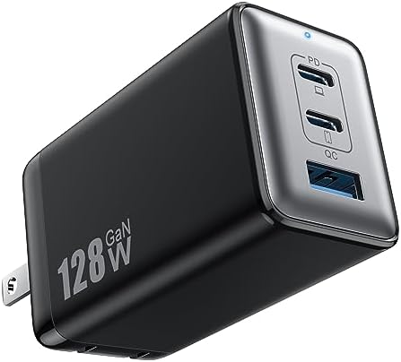 High-Efficiency 128 W USB C Wall Charger – Ga N III 3-Port Fast Charging Hub for Mac Book, i Phone, Galaxy & More – Portable 65 W Adapter with Foldable Design for Ultimate Convenience and Speed