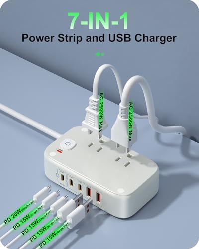 Ultimate 7-in-1 Power Strip with 65 W Ga N Technology | Flat Plug Design for Space-Saving | 3 USB-C & 2 USB-A Ports for Rapid Charging | 2500 W AC Outlet for Home, Office, College & Travel | Versatile Surge Protector for All Devices
