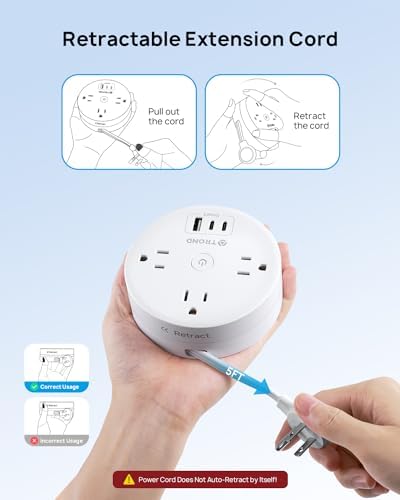 Compact TROND 20 W USB-C Travel Power Strip – Retractable 5 ft Extension Cord with 3 AC Outlets for Fast Charging, Perfect Cruise Ship Essential, Ultra-Thin Flat Plug for Home & Dorm Use – Stay Organized & Connected Anywhere