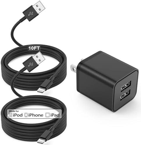 Ultra-Fast Dual Port USB Wall Charger with 10-Foot Lightning Cable – Apple MFi Certified i Phone Charging Solution, Perfect for i Phone 12/11/XR/Xs/8/7/6/SE/i Pad – Compact & Efficient Power Delivery for Home and Travel