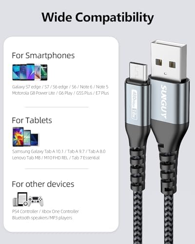 Ultra-Durable 10 FT Micro USB Cable 3-Pack – Fast 18 W Charging & Data Sync for Samsung Galaxy, Android Devices & PS4 – Premium Nylon Braided for Enhanced Flexibility & Strength – Perfect for Home & Office Use