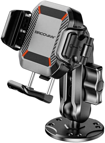 BRCOVAN Anti-Theft Smartphone Mount Holder – Ultimate Vibration Dampening for Secure On-the-Go Use in Cars, Motorcycles & UTVs – Quick 1-Second Lock & Release, Adjustable Aluminum Arm for 5.4-7.2” Devices – Perfect for Navigation and Capturing Stunning Photos
