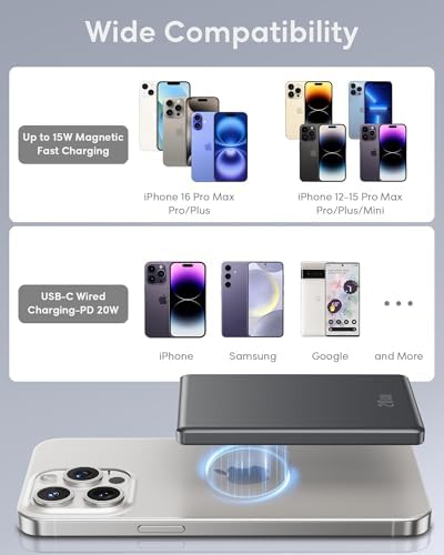 Sleek 5000 m Ah Mag Safe Battery Pack – Fast Wireless Charger for i Phone 12-16 Series – 20 W PD Magnetic Power Bank with USB-C – Ultra Slim Portable Charging Solution in Matte Black for Effortless Power On-the-Go