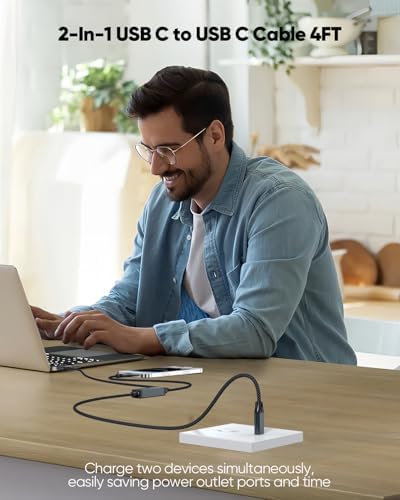Experience Unmatched Charging Versatility with the 2-in-1 140 W USB-C Fast Charging Cable – 4 FT Braided Dual USB Type C Cord for i Phone 15/16 Pro, Mac Book Pro/Air, i Pad, Galaxy S25 and More – Perfect for Home, Office, and On-the-Go Power Solutions!