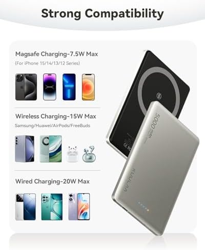Ultra-Slim Kuulaa Mag Safe Battery Pack 5000 m Ah – Magnetic Portable Charger for i Phone 12-16 Pro Max with USB-C PD 20 W Fast Charging, Elegant Titanium Finish for On-the-Go Power Solutions