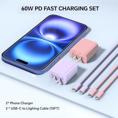 Lightning-Fast 20 W USB-C Wall Charger & 10 FT Cable for i Phone 15/16/Plus/Pro Max – Sleek Pink-Blue Power Adapter for Ultimate Charging Performance and Versatile Use