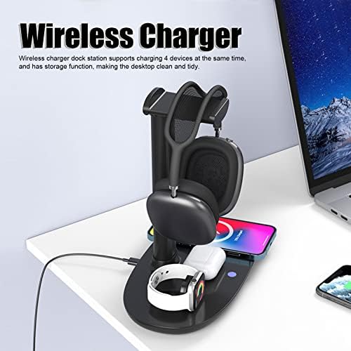 15 W Fast Wireless 4-in-1 Charging Station: Multi-Device Organizer and Headphone Stand for Phones, Earbuds, and Smartwatches – Ultimate Convenience and Sleek Design for Home or Office