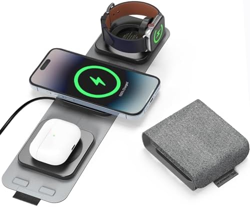 3-in-1 Magnetic Wireless Charging Station – Foldable Travel Charger for i Phone 12/13/14/15, Apple Watch SE/S7/S8/S9/Ultra, and Air Pods – Enhanced Mag Safe Compatibility with Smart Charging Zones for Maximum Efficiency
