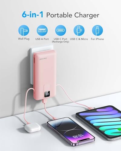 Charmast Ultra-Fast 20000 m Ah Portable Charger with Integrated Cables and Wall Plug – Universal Compatibility for i Phone 16/15/14/13, Samsung, Google, i Pad – Sleek Design, Rapid 20 W USB-C Power Delivery for On-the-Go Charging Solutions