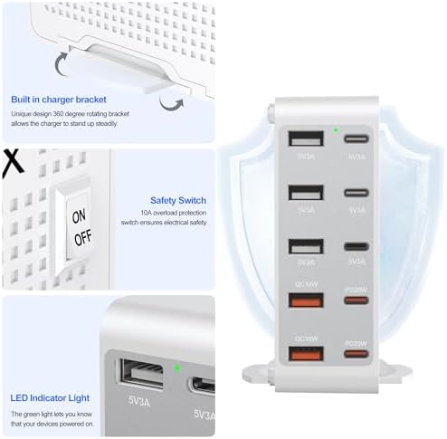 High-Speed 10-Port USB C Charging Station – 166 W Ga N Wall Charger with PD 20 W & QC 18 W for i Phone 15/14/13/12/11, i Pad, Samsung, Pixel 5 – Compact White-Silver Design for Universal Device Charging Convenience