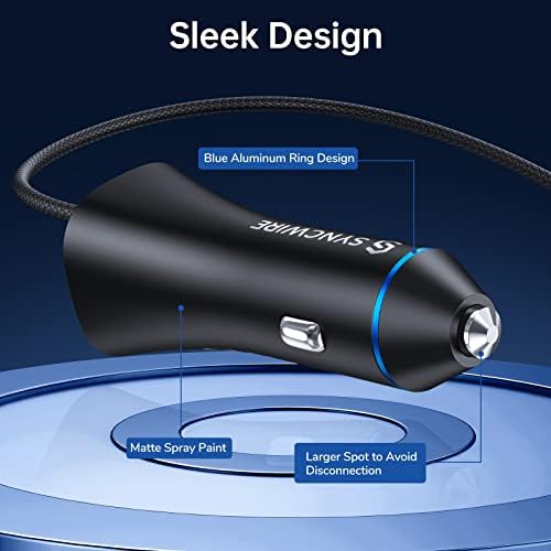 Rapid Charge Your Apple Devices with Syncwire MFi Certified 32 W Car Charger featuring Built-in 5 FT Coiled Lightning Cable – Ultimate Fast Charging Solution for i Phone 14/13/12/11/XR/Max and i Pad – Compact and Travel-Ready USB Adapter for Hassle-Free Power On-The-Go