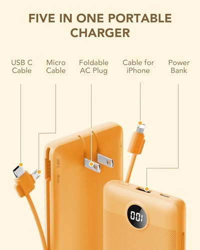 VRURC 10,000 m Ah USB C Power Bank with Built-in Cables & AC Wall Plug – Compact Lightweight Travel Charger for Smartphones & Tablets – Ultimate Convenience & Enhanced Charging Speed