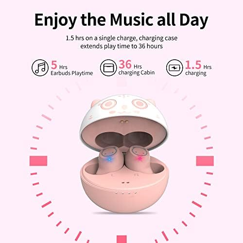 Adorable Panda-Themed Kids Wireless Earbuds – Bluetooth 5.0 with 36 Hours Playtime & IPX6 Waterproof for Active Lifestyles – 3 D Stereo Sound & Built-in Mic for Hands-Free Calling – Perfect for Children and Adults