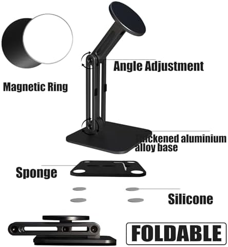 Magnetic Phone Stand for Desk, Heightened & Adjustable & Foldable Metal Magnetic Phone Holder Stand for Desk/Office/Home, Compatible with Magsafe Case/iPhone 15/14/13/12 Series (Black) – Enhanced Compatibility and Speed