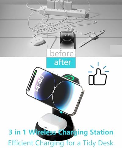 3-in-1 Mag Safe Wireless Charging Station: Fast 15 W Charger for i Phone 16/15/14/13/12, Apple Watch, and Air Pods – Compact Design for Clutter-Free Workspaces with Enhanced Magnetic Alignment and Safe Charging Technology