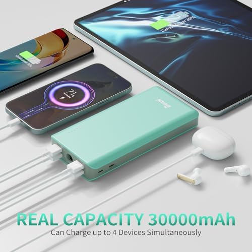 BONAI 30000 m Ah Portable Power Bank – High-Capacity External Charger with Dual USB Outputs, Built-in Flashlight & 8-Pin Cables for Fast Charging on the Go – Ideal for i Phone, Android, and i Pad Users – Reliable Power Solution for Travel and Daily Use in Green