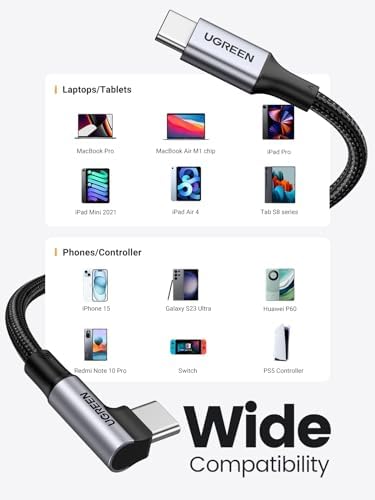 UGREEN 10 FT Right Angle USB C to USB C Cable – 100 W Fast Charging & Data Transfer for i Phone 16 Series, Mac Book Pro 2022, i Pad Pro 2022, Dell XPS, & Samsung Galaxy S24/S23 – Flexible 90-Degree Design for Effortless Connectivity and Enhanced Durability