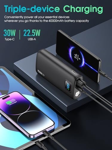 High-Capacity 40,000 m Ah Portable Power Bank with PD 30 W & QC 4.0 Fast Charging, Dual USB + Type-C Outputs, Built-in LED Flashlight & Real-Time Battery Display – Ultimate Travel Companion in Carbon Black for All Your Devices